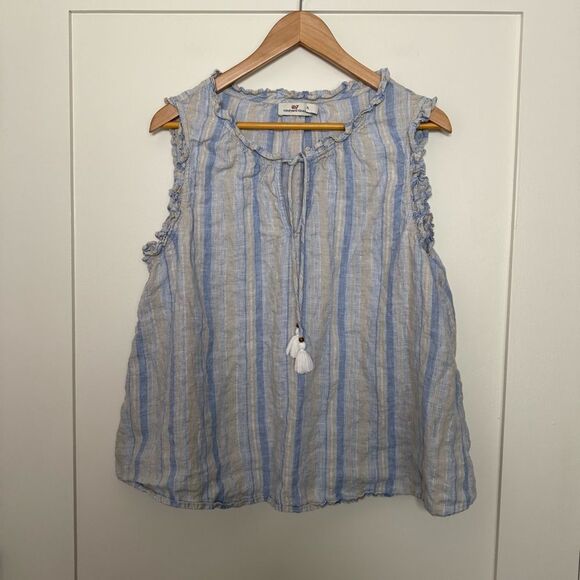 Vineyard Vines Top Tunic Sz XL Blue Linen Stripe Sleeveless Tassel Tie Beach - Picture 1 of 10